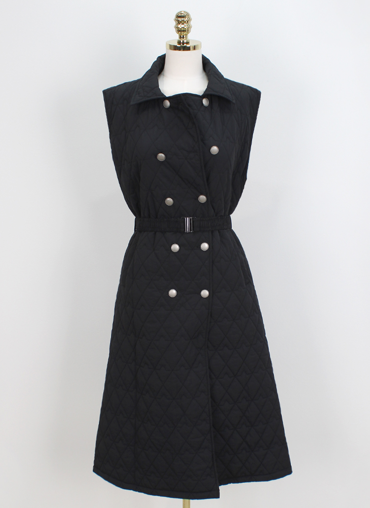 カラーネックダブルボタンキルティングベストワンピース | レディース