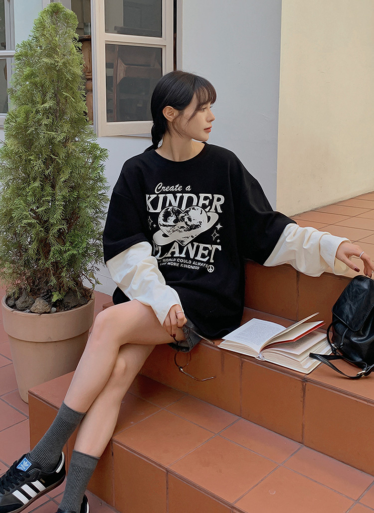 ハートプラネット重ね着風長袖Tシャツ | レディースファッション通販