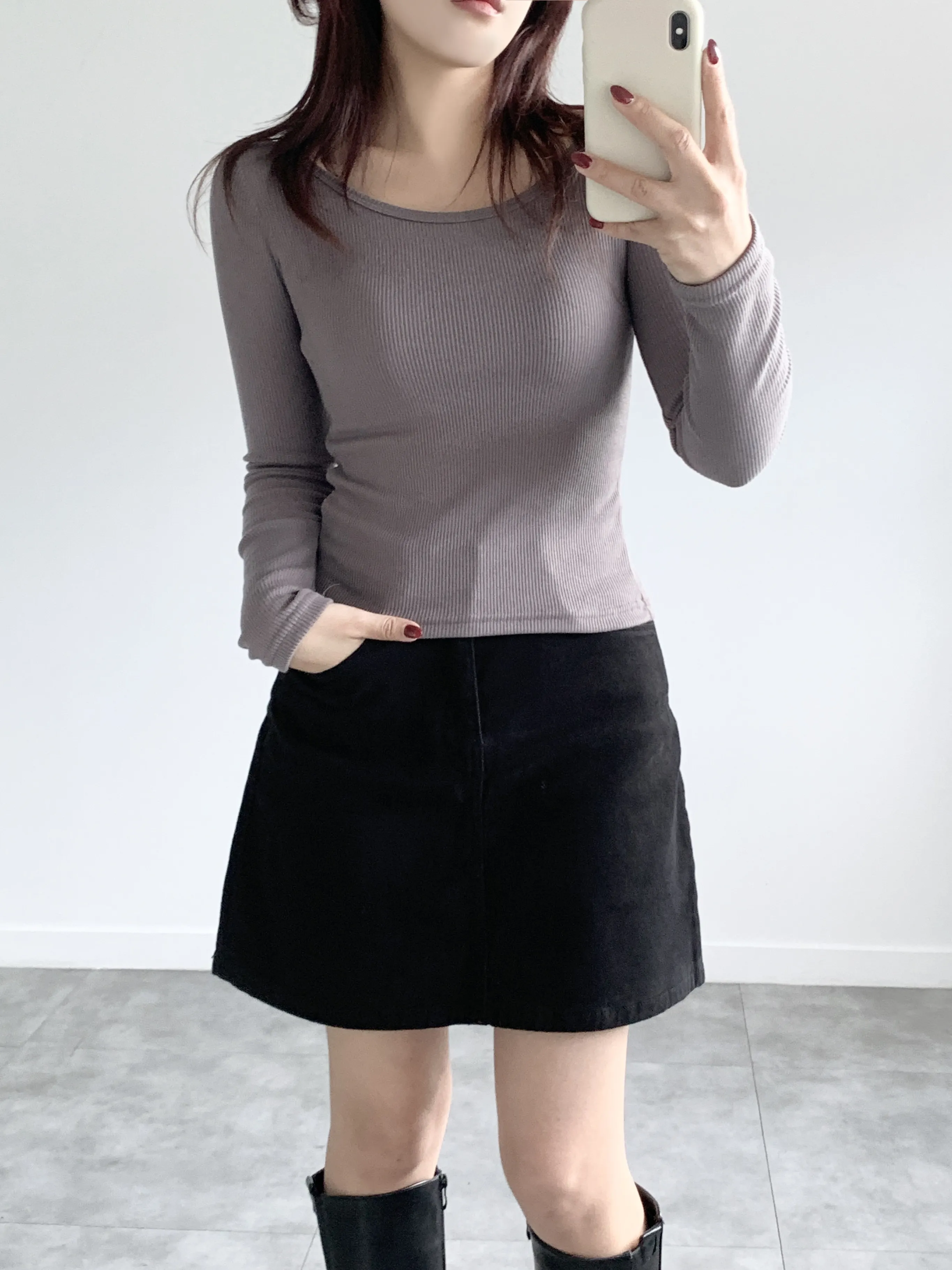 裏起毛ワイドネックスリムリブTシャツ | 詳細画像1