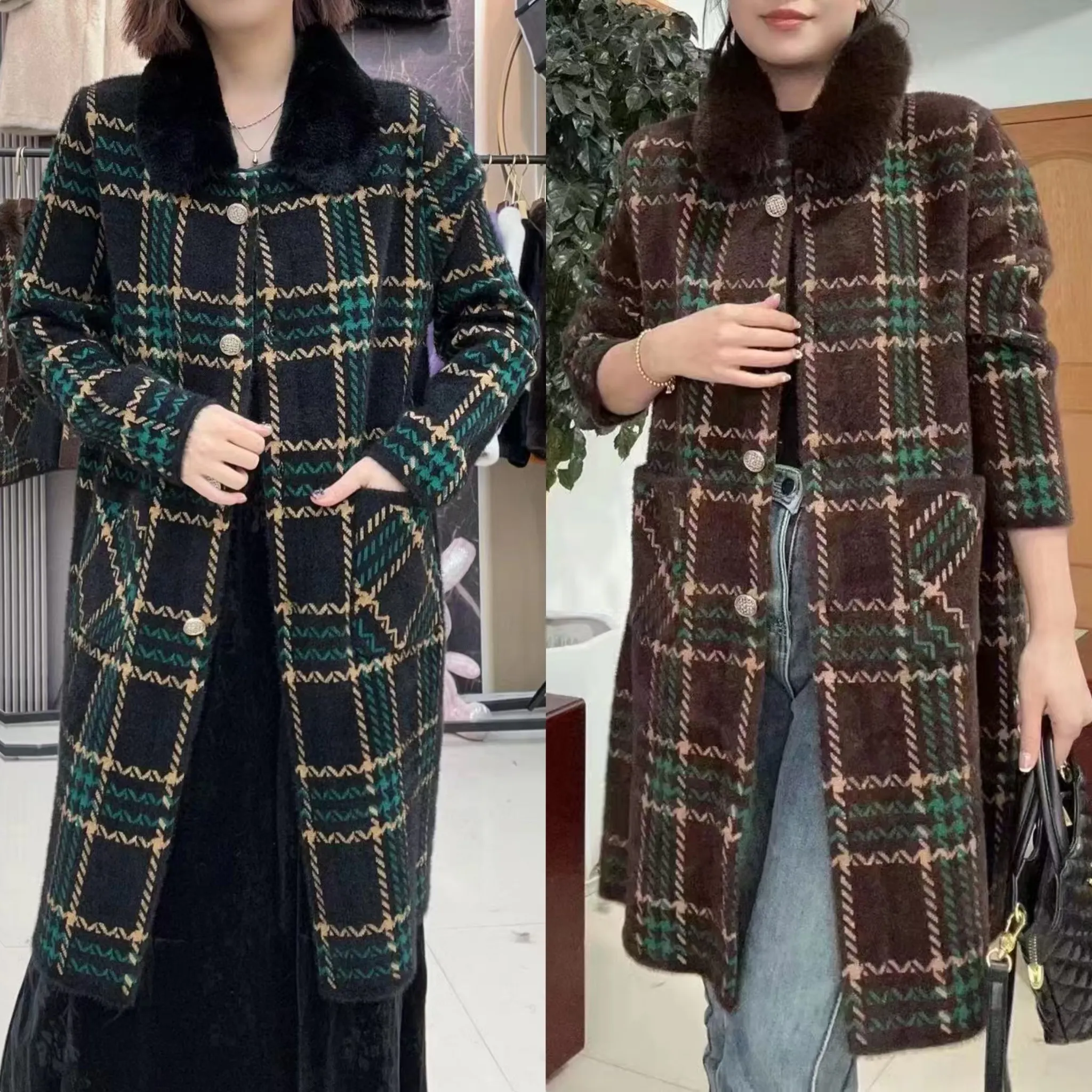 エコファーカラーニットグレンチェックコート | レディース  