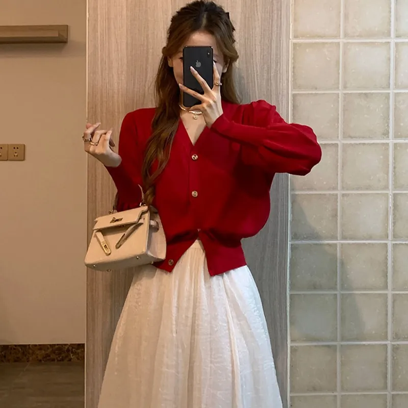 Vネックゴールドボタンパフカーディガン | 詳細画像1