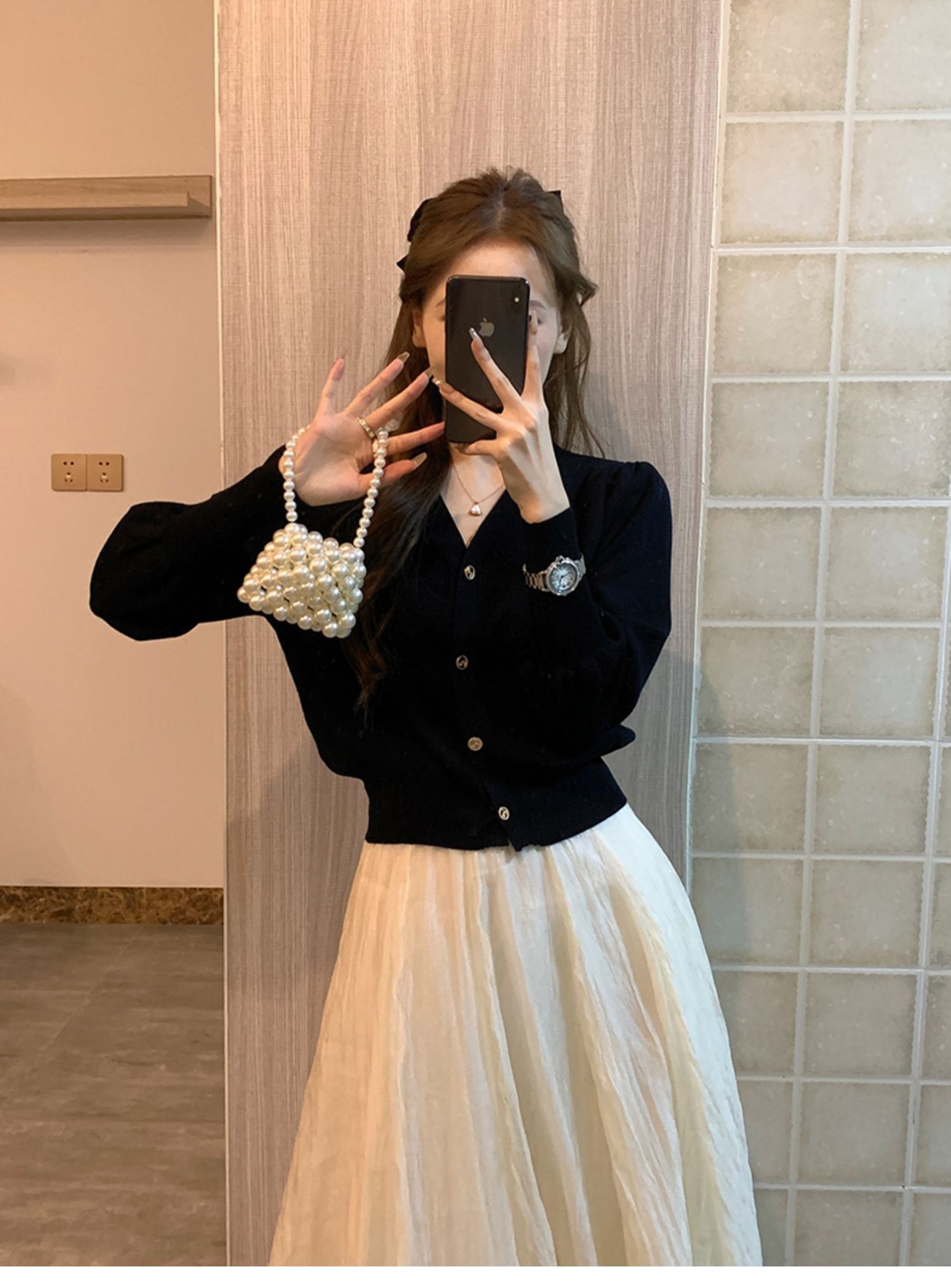 Vネックゴールドボタンパフカーディガン | 詳細画像3