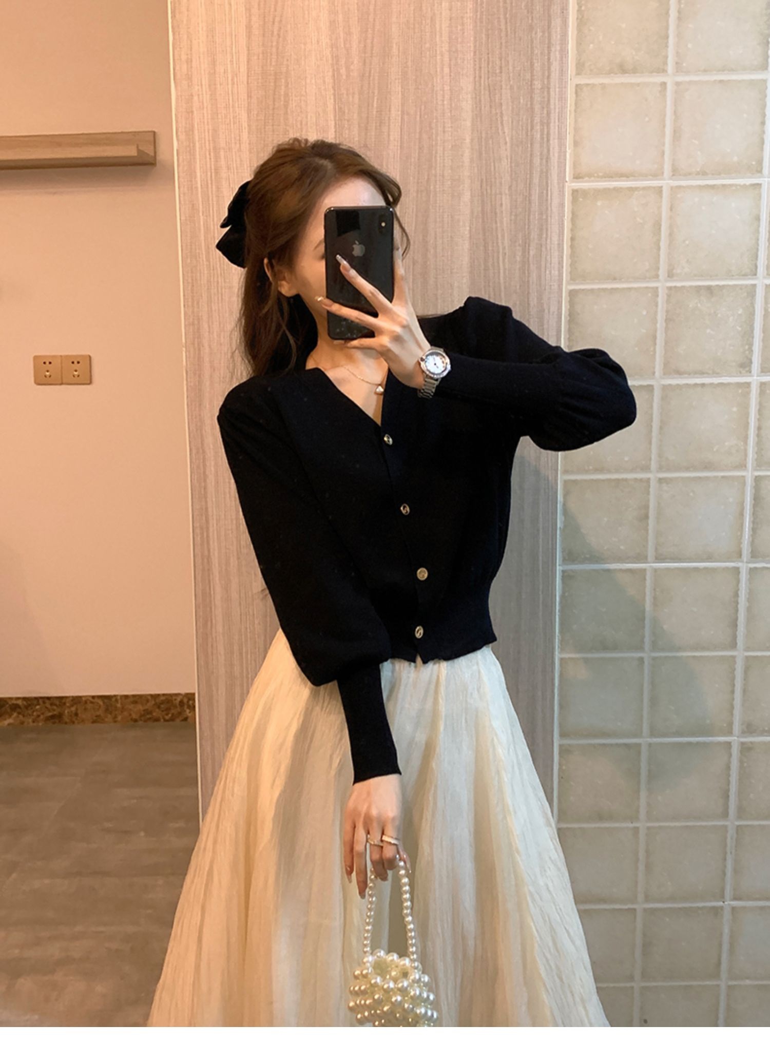 Vネックゴールドボタンパフカーディガン | 詳細画像5