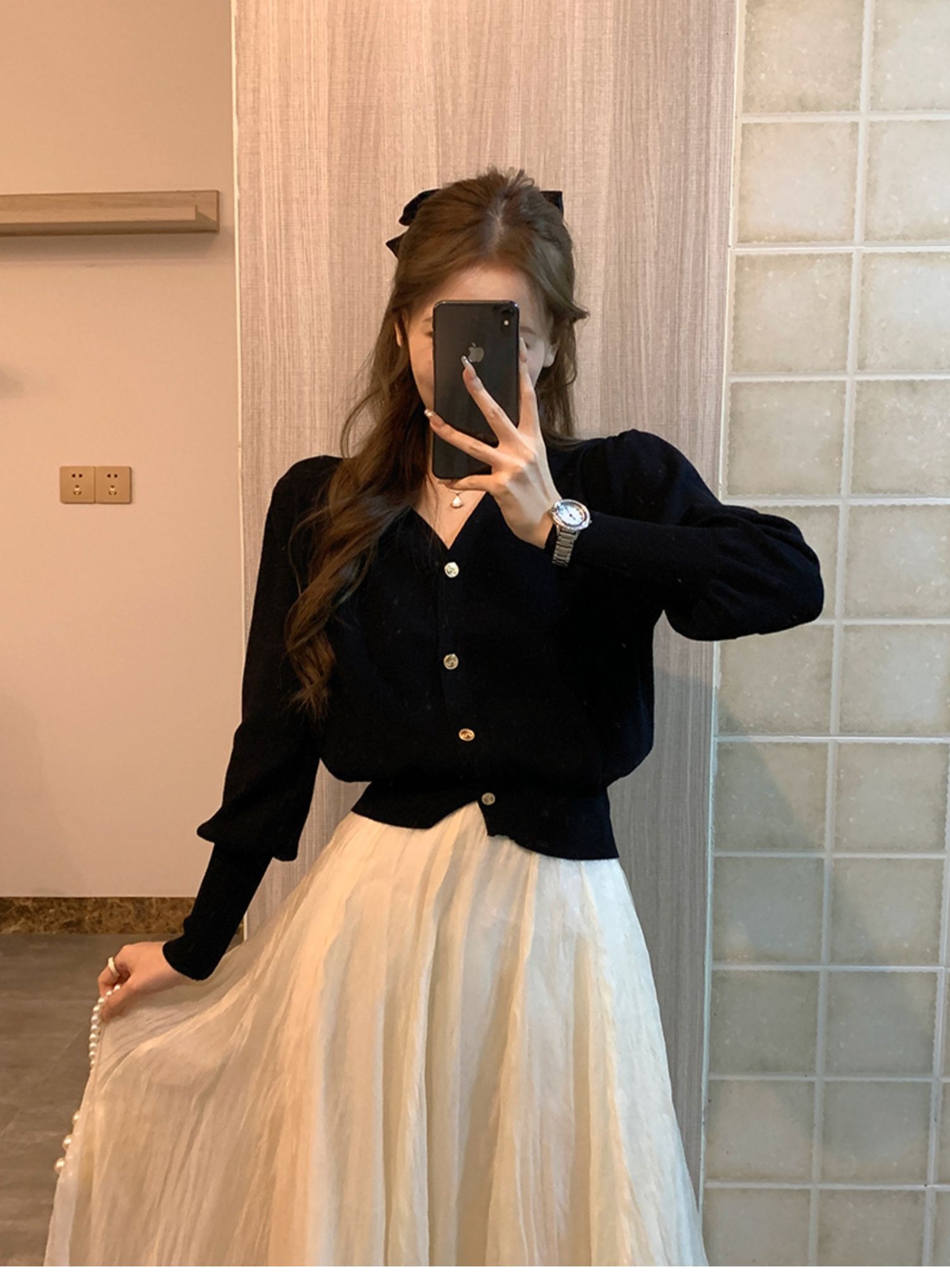 Vネックゴールドボタンパフカーディガン | 詳細画像8