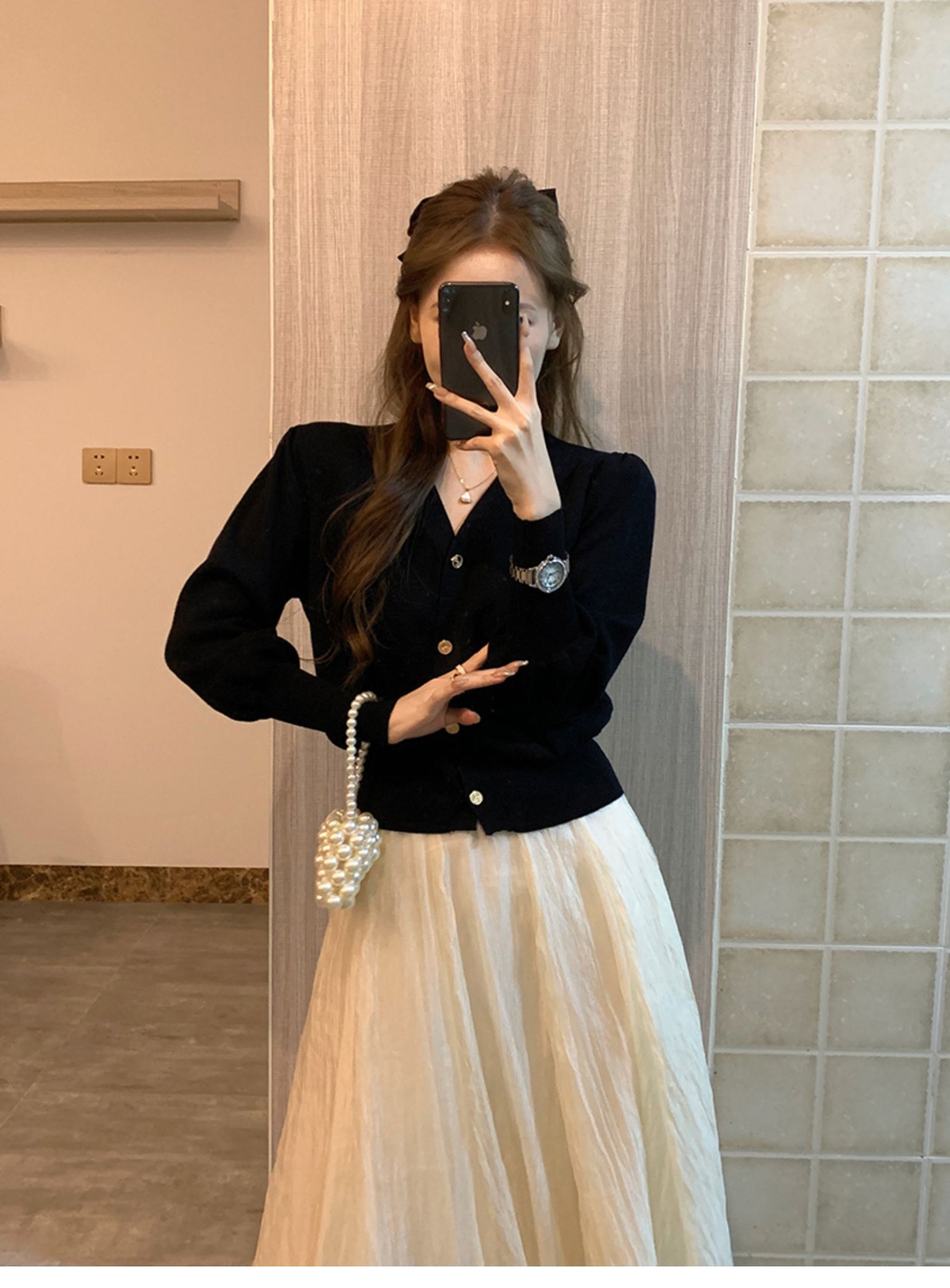 Vネックゴールドボタンパフカーディガン | 詳細画像13