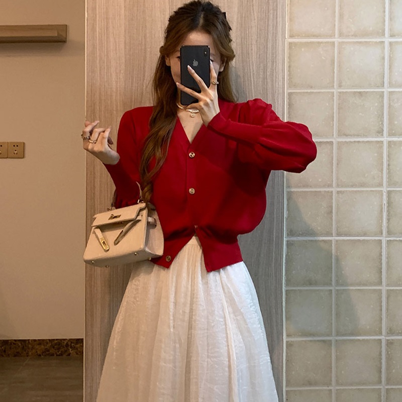 Vネックゴールドボタンパフカーディガン | 詳細画像14