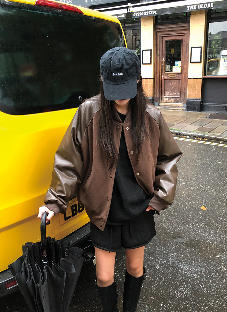 キルト裏地エコレザースタジアムジャケット | レディースファッション