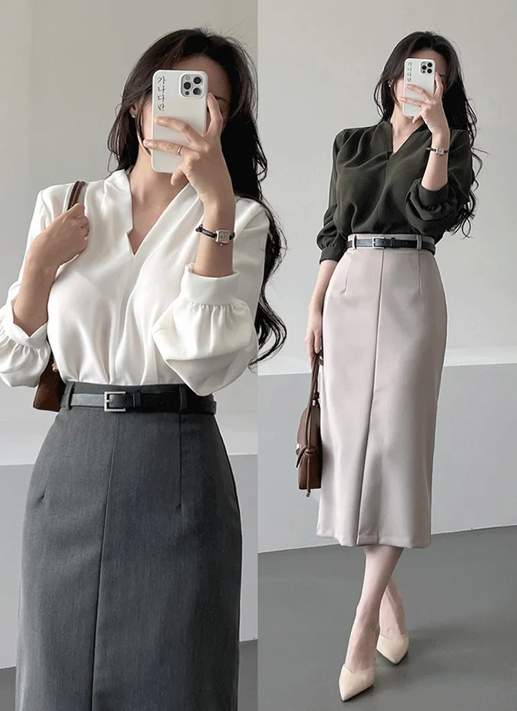 Vネックピンタックショルダーシフォンブラウス | ganadaran | 詳細画像1