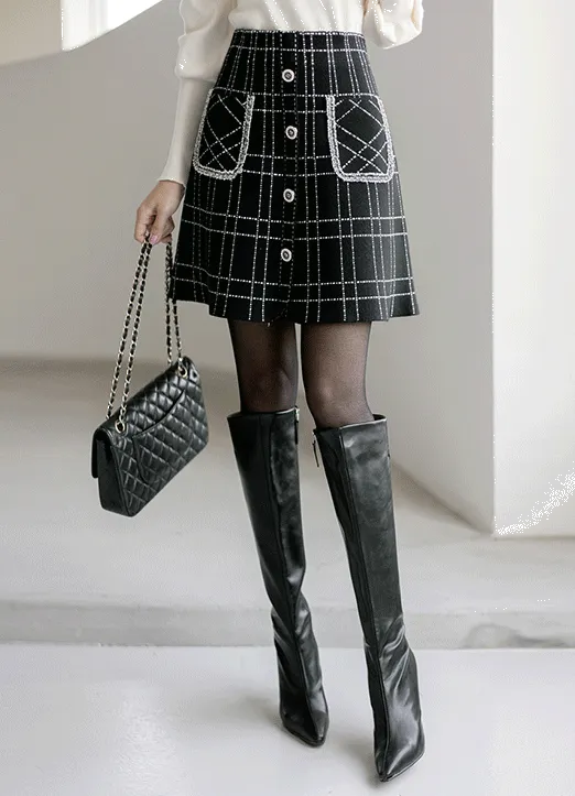 ジュエリーボタンチェックニットフレアスカート | styleonme | 詳細画像1