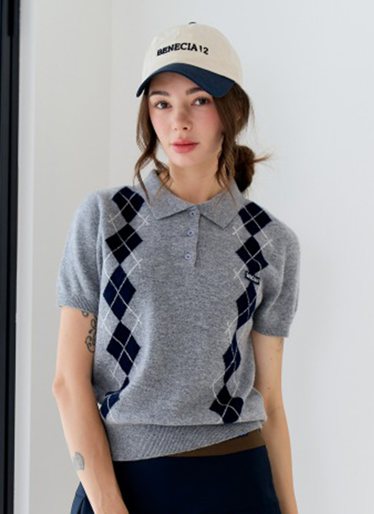 ポロカラーアーガイル半袖ニット(グレー) | レディースファッション