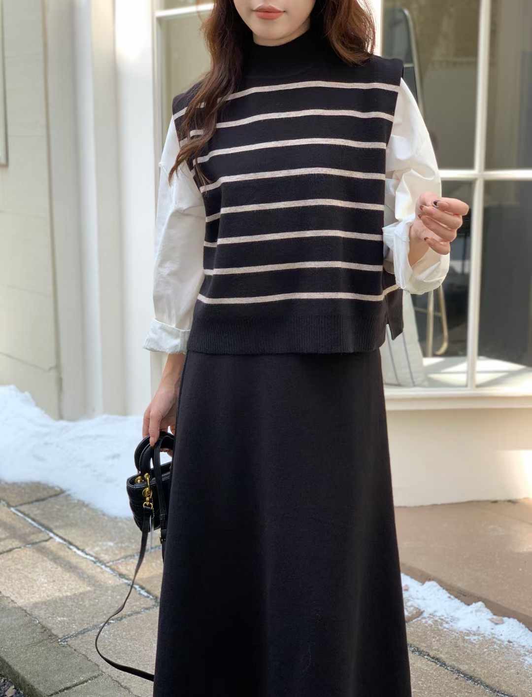 ハーフネックボーダーニットベスト&AラインスカートSET | レディース  