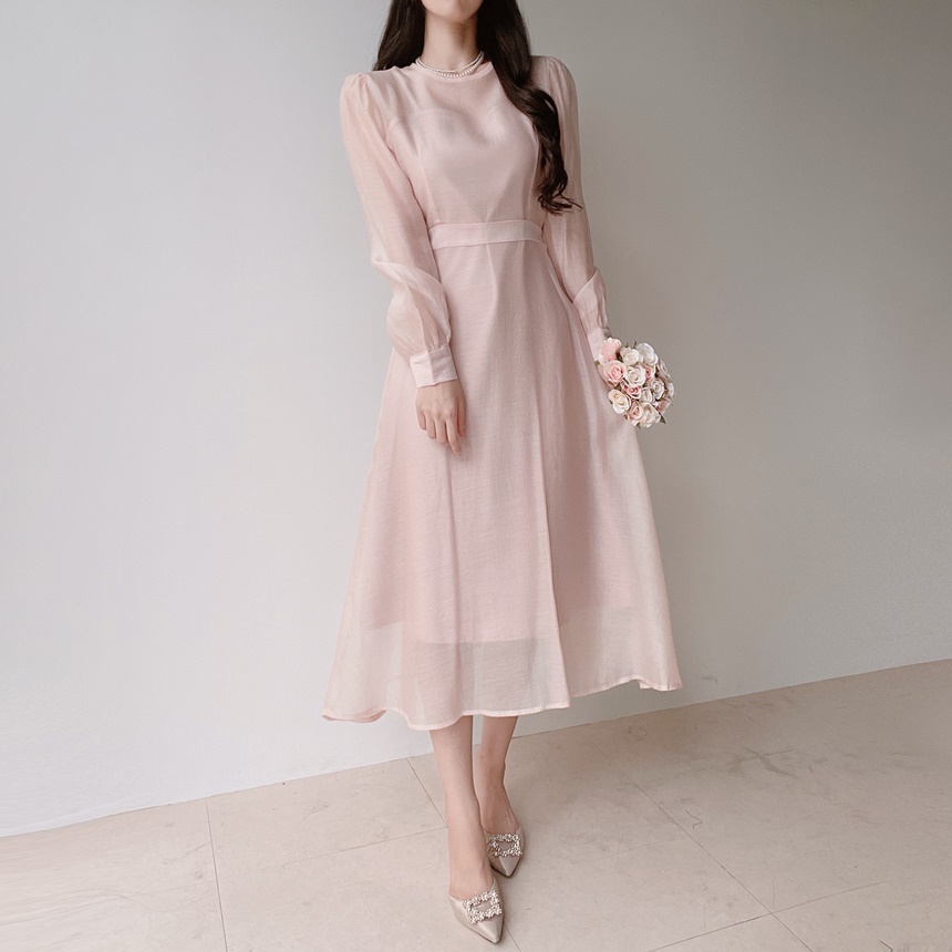 No.385] MILK*ピンクシフォンAラインワンピ （花柄シフォン