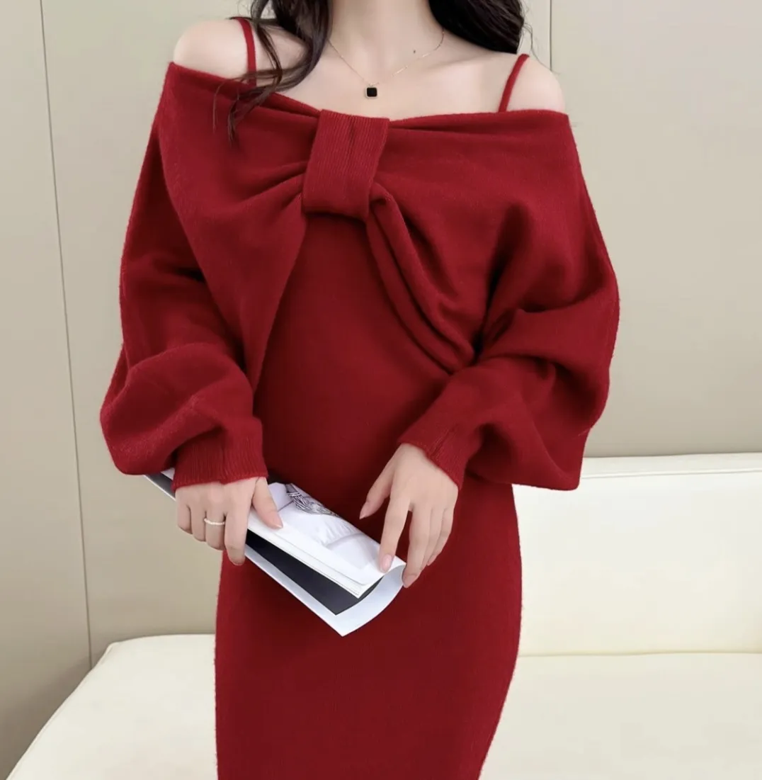 リボンオフショルニットミニワンピース | レディースファッション通販  