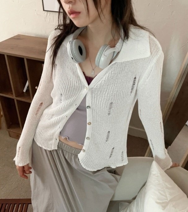 カラーVネックダメ―ジリブカーディガン | 詳細画像2