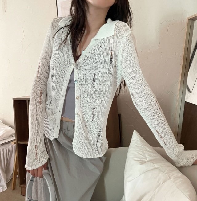 カラーVネックダメ―ジリブカーディガン | 詳細画像4