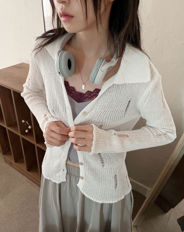 カラーVネックダメ―ジリブカーディガン | 詳細画像9