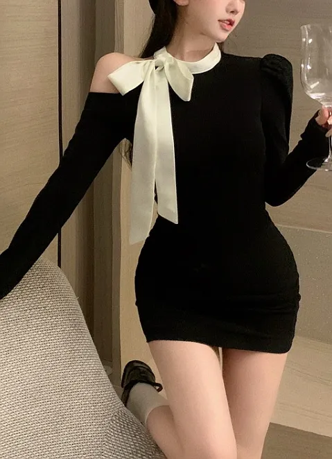 配色リボンワンショルリブミニワンピース | 詳細画像1