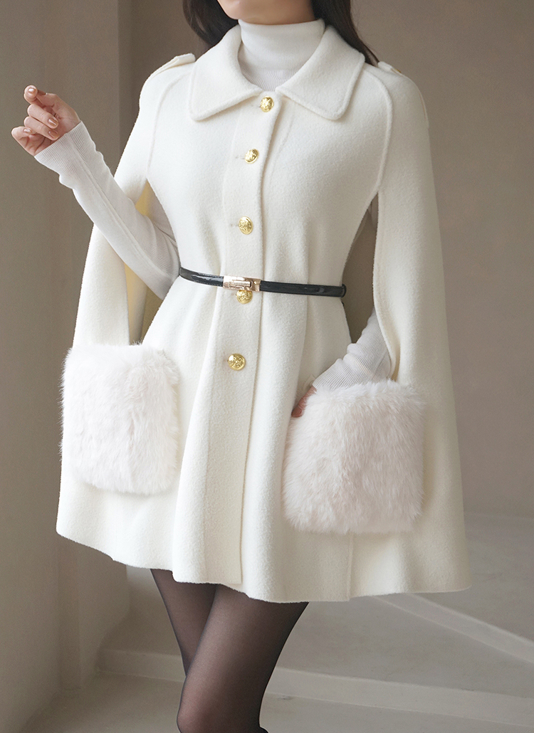 ベルト付カラーネックエコファーポケットケープコート | レディース