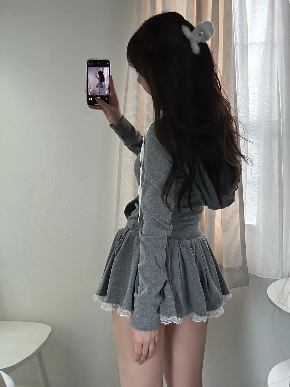 レースリボンフードTシャツ&フレアスカートショートパンツSET  