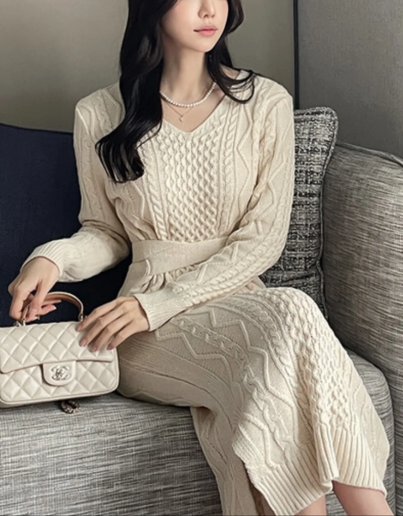 Vネックリボンケーブルニットワンピース | 詳細画像1