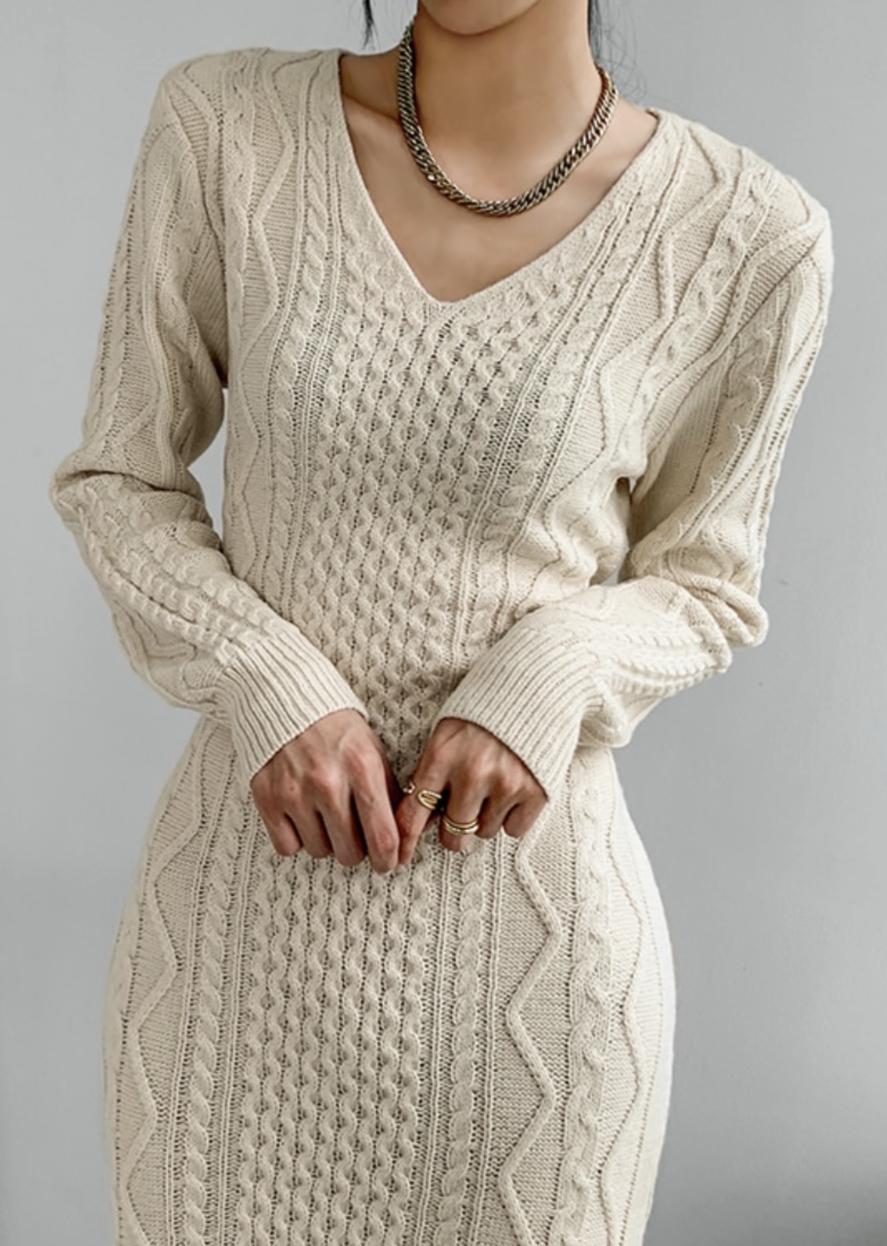 Vネックリボンケーブルニットワンピース | 詳細画像3