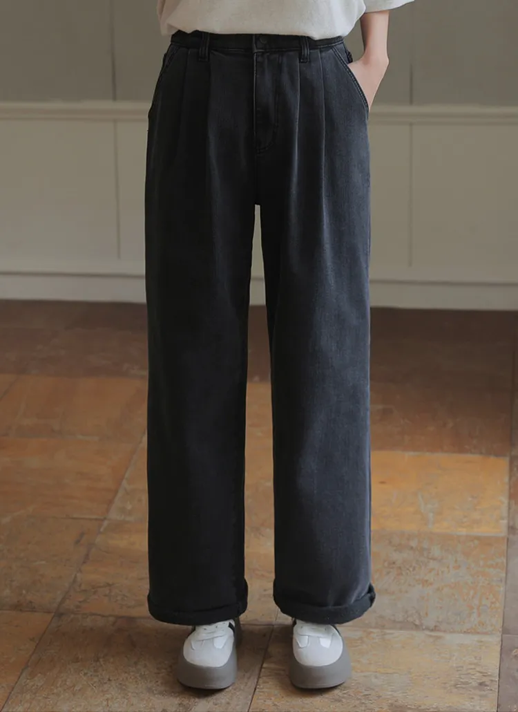 裏起毛ツータックワイドデニムパンツ | chicfox | 詳細画像1