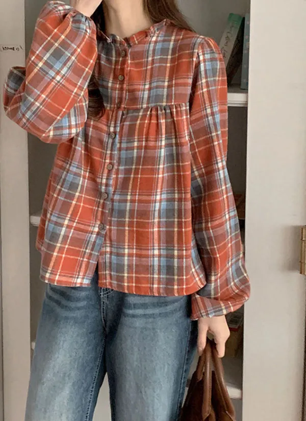 フリルチェックブラウス | 4dlook | 詳細画像1