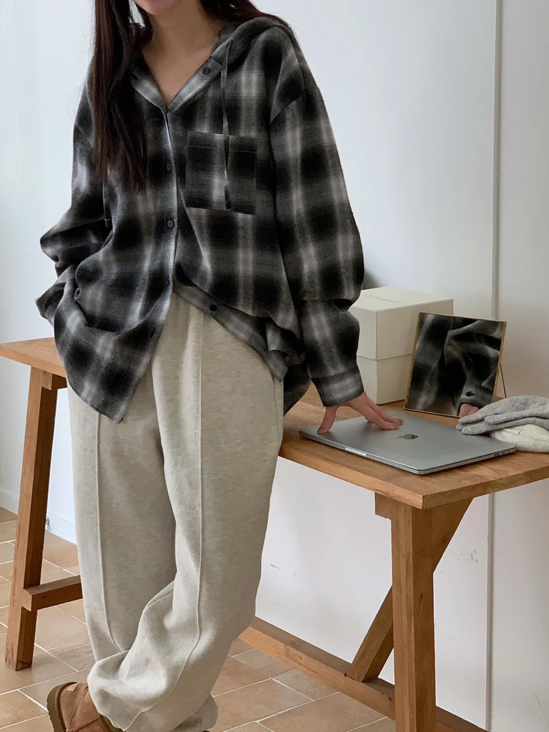 起毛ワンポケットドロストフードチェックシャツ | 詳細画像1