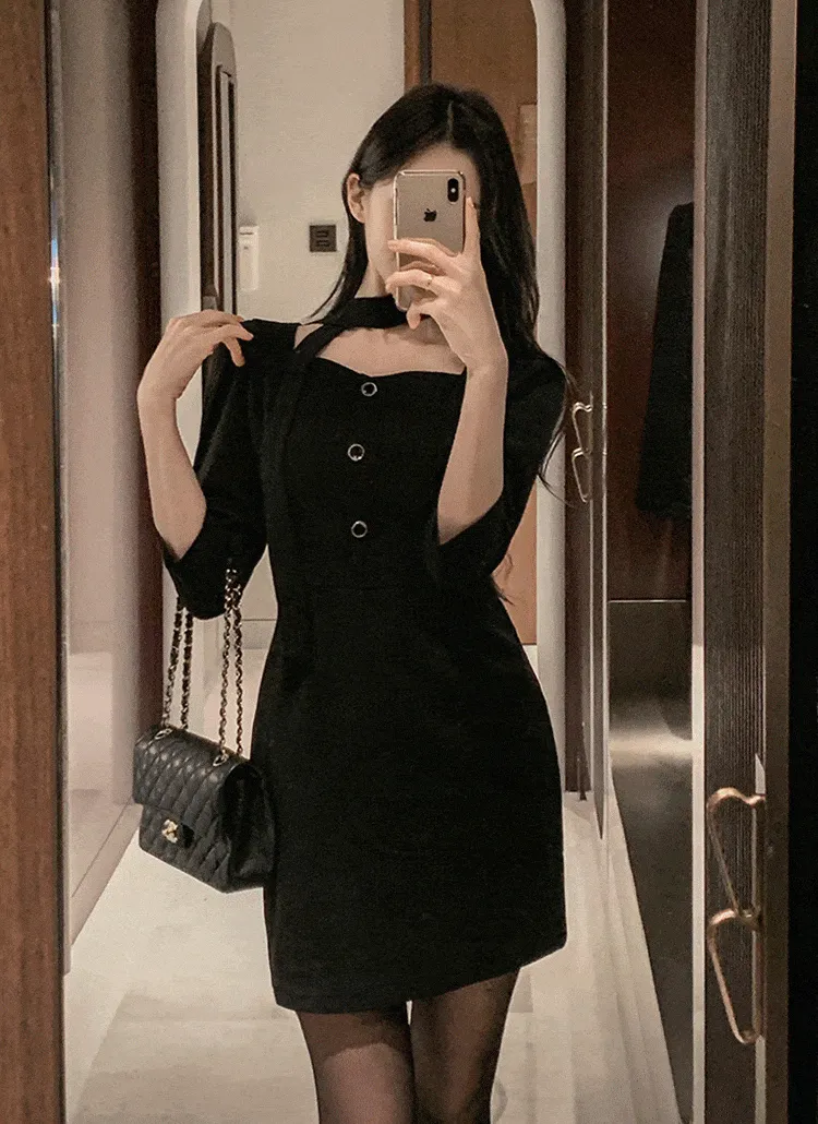 ボウタイ付ダイヤネック7分袖ミニワンピース | FROMDAYONE | 詳細画像1