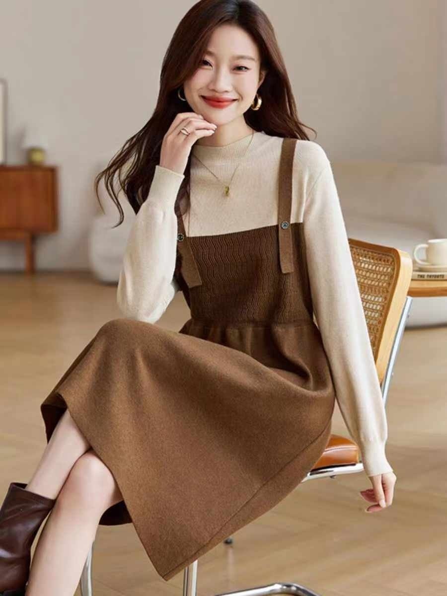 ヘリンボーン配色レイヤード風ニットワンピース | レディース