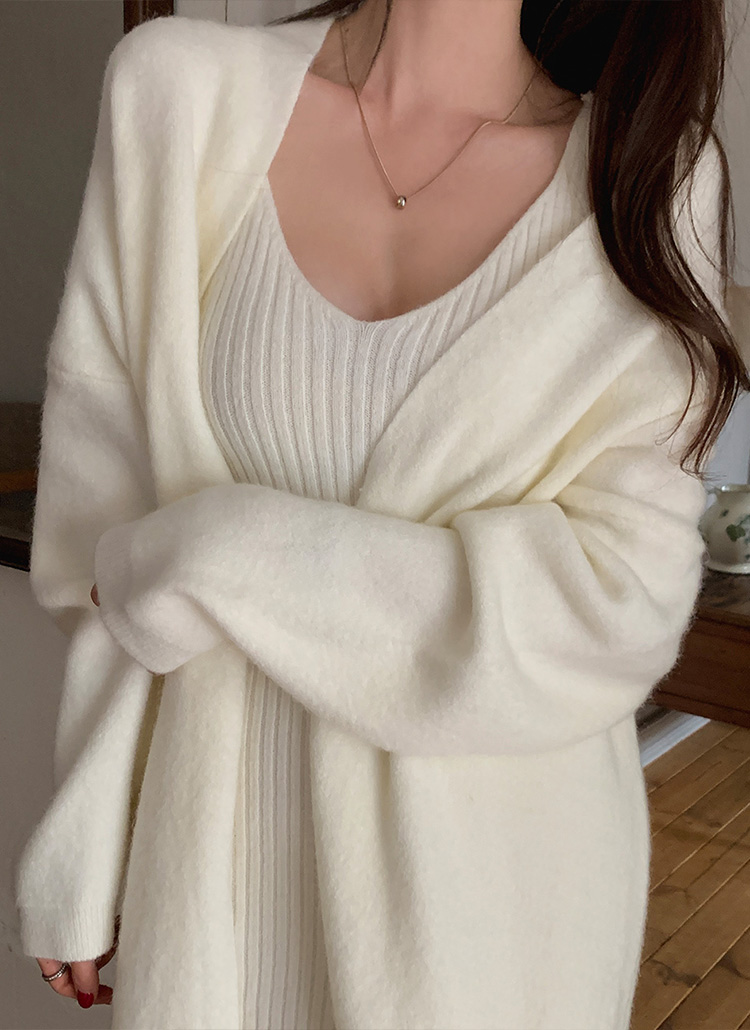 リブニットノースリーブワンピース&ロングカーディガンSET