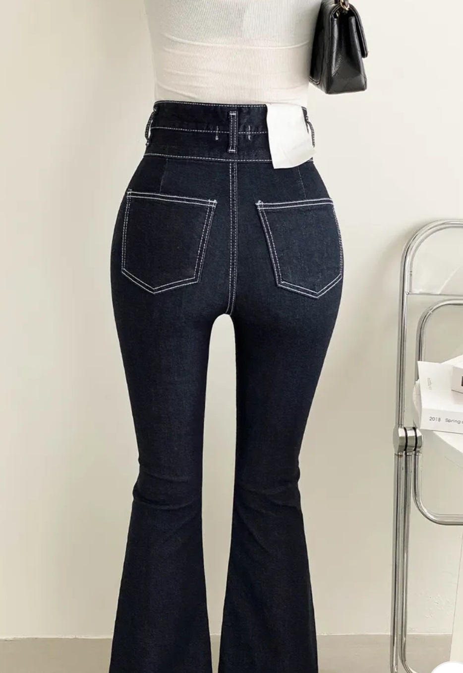 ツーボタン ハイウエスト デニム ツーボタンハイウエストステッチフレアデニムパンツ