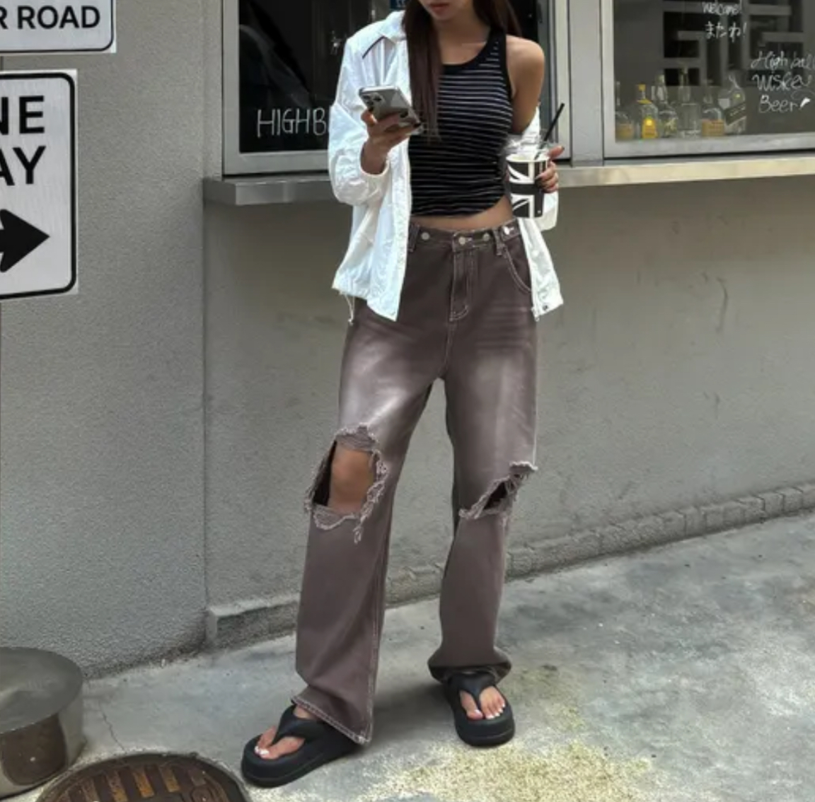 アジャストボタンダメージブラウンデニムパンツ | 詳細画像8