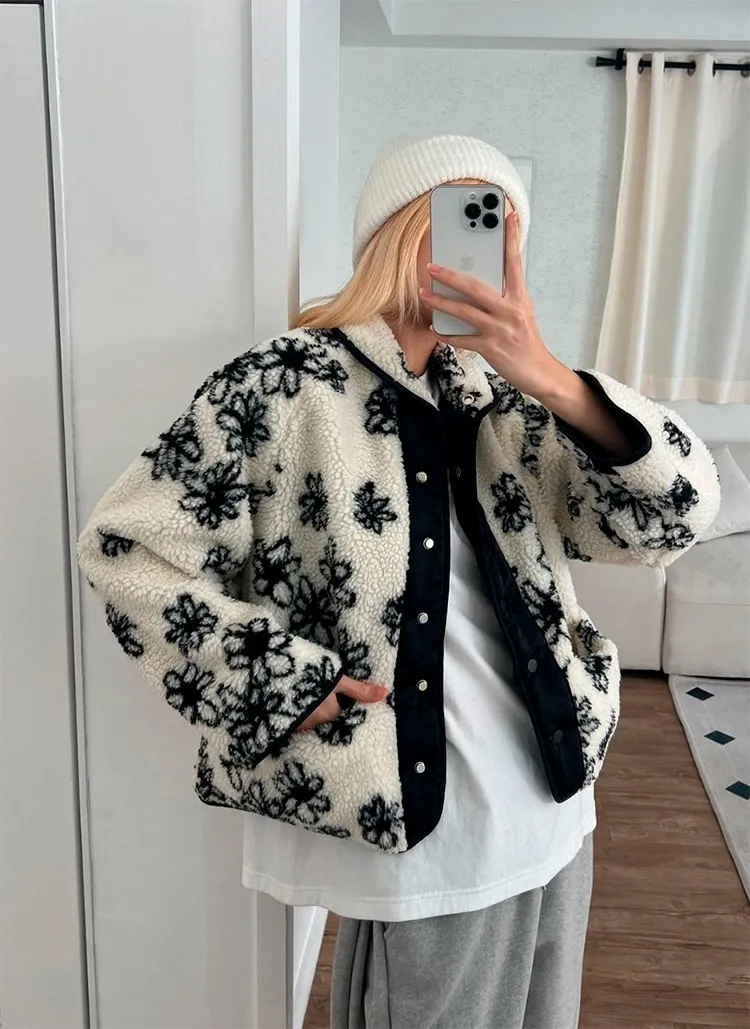 カラーネック花柄ボア中綿ジャケット | レディースファッション通販  