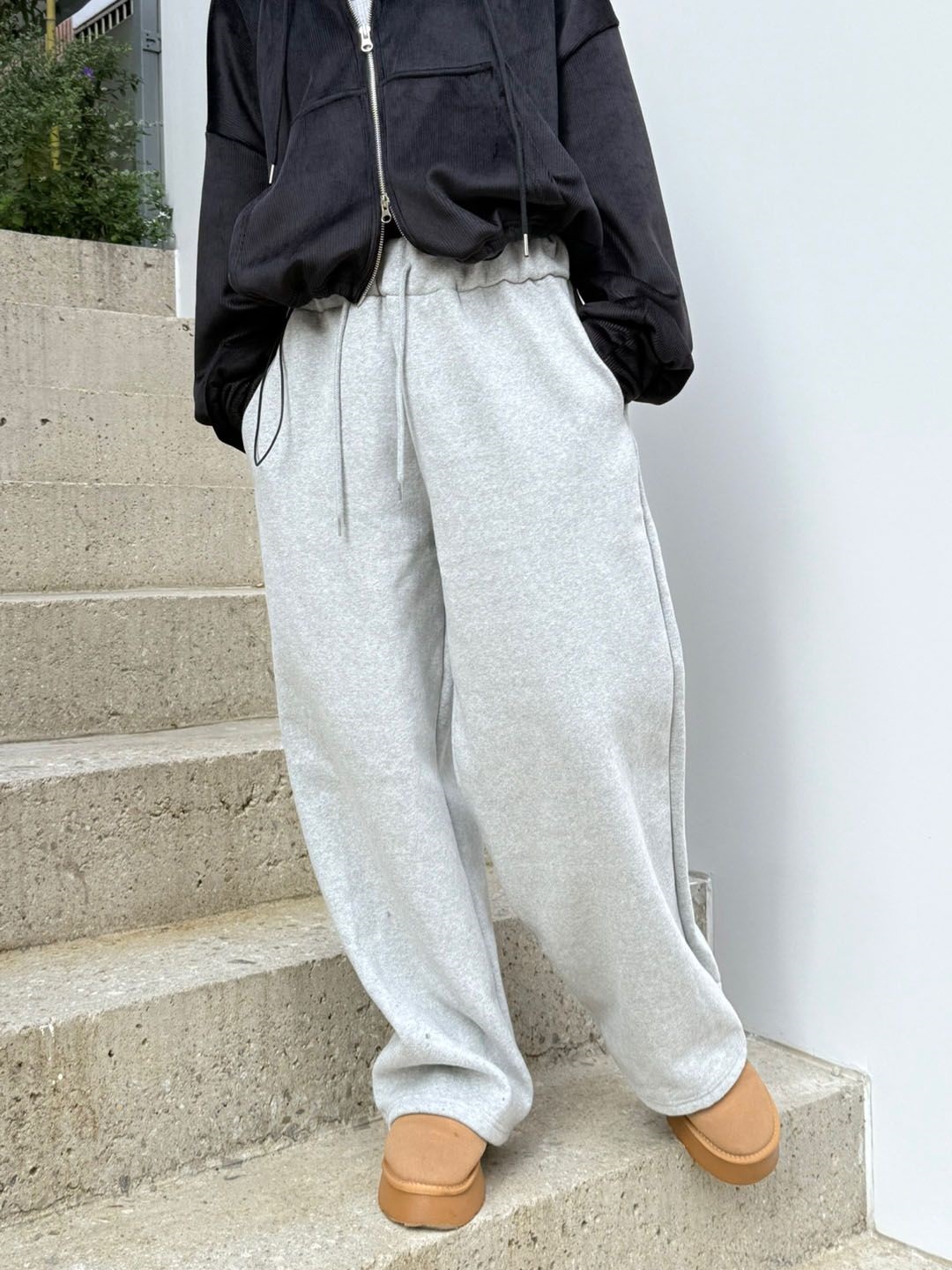 スウェット ワイド パンツ 2色 ドロスト ハイウエスト 薄手 無地 両起毛ドロストスウェットワイドパンツ | レディース