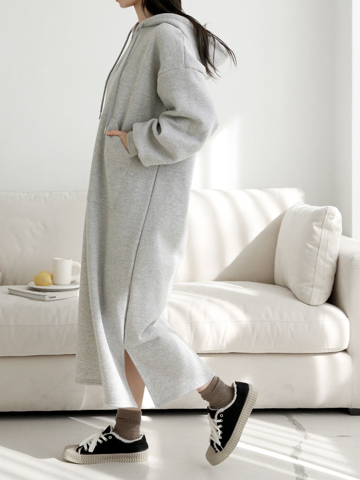 裏起毛ハーフジップマフポケパーカーワンピース | レディース