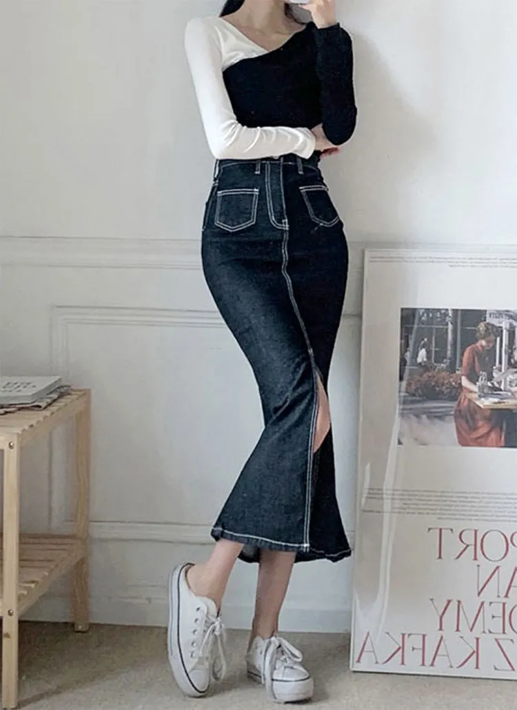 アウトポケットスリットマーメイドデニムスカート | 詳細画像1