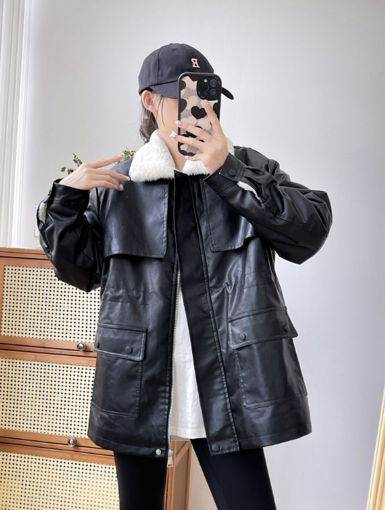 ケープ付エコファーカラードローコードレザー調ジャンパー | 詳細画像3