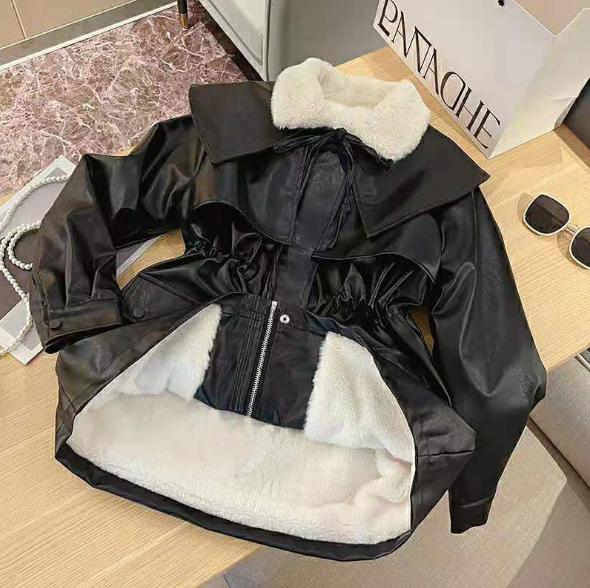 ケープ付エコファーカラードローコードレザー調ジャンパー | 詳細画像6