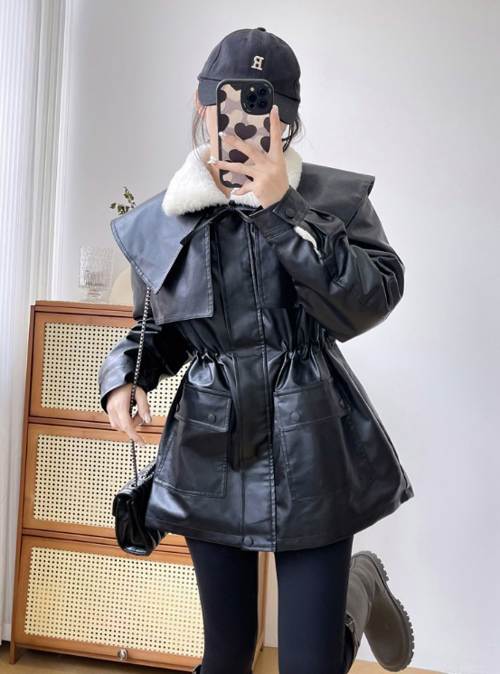 ケープ付エコファーカラードローコードレザー調ジャンパー | 詳細画像10