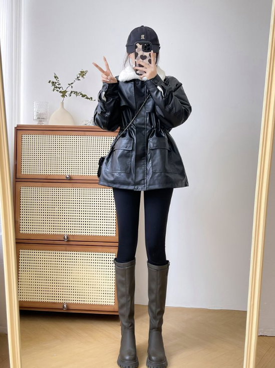 ケープ付エコファーカラードローコードレザー調ジャンパー | 詳細画像11