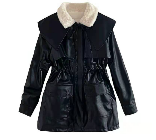 ケープ付エコファーカラードローコードレザー調ジャンパー | 詳細画像13