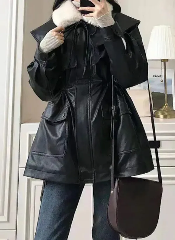 ケープ付エコファーカラードローコードレザー調ジャンパー | 詳細画像1