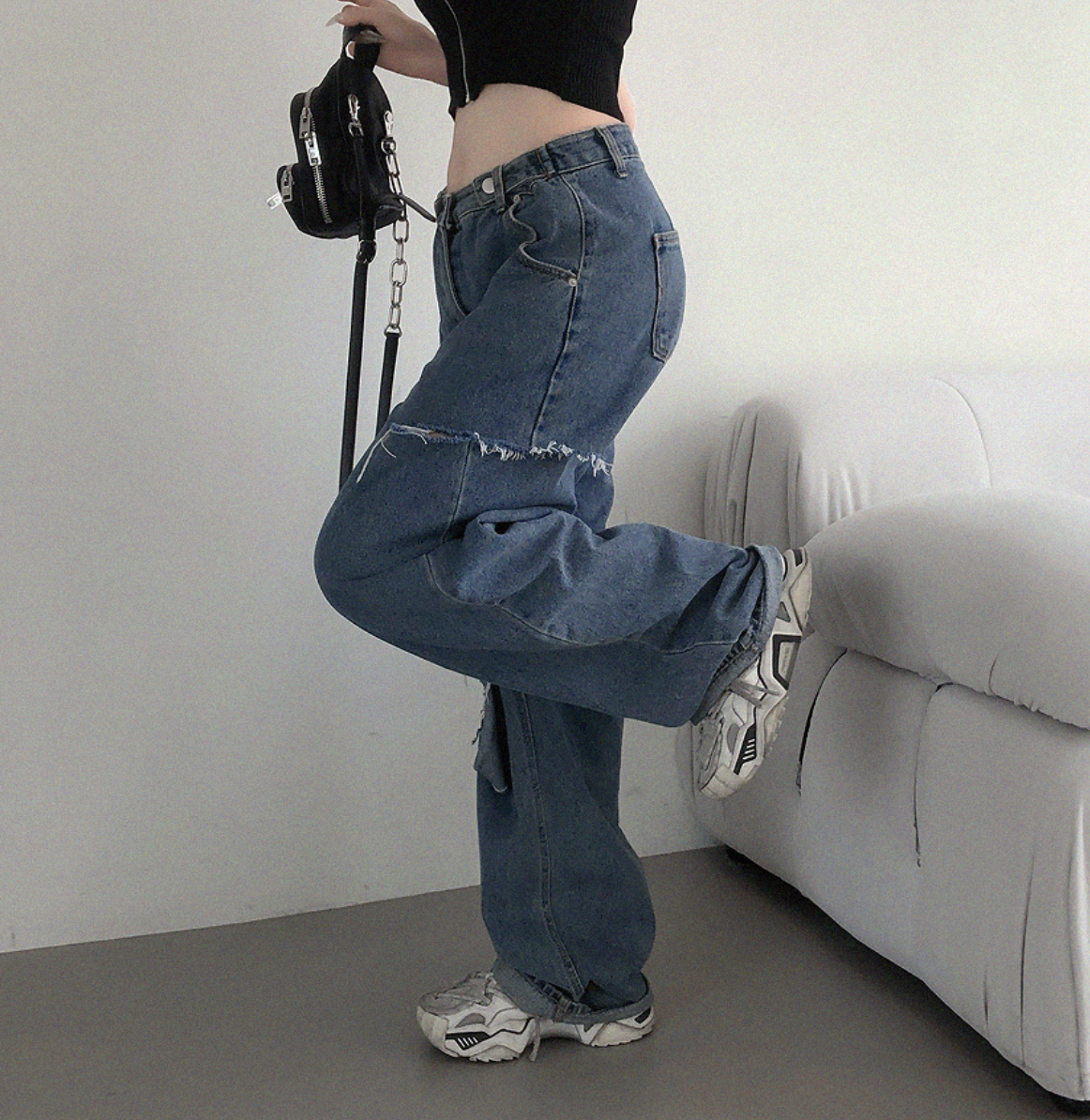アジャストボタンダメージワイドデニムパンツ | レディース