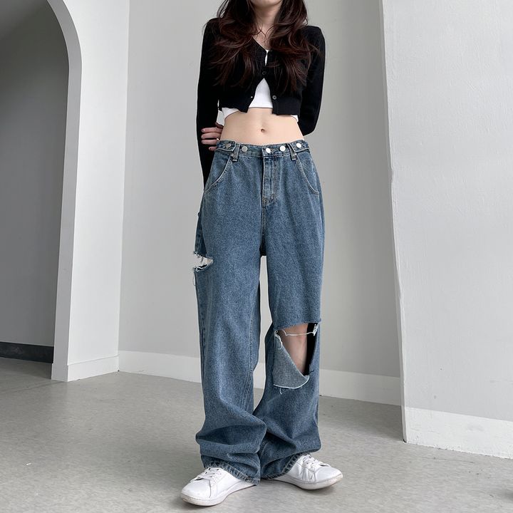 アジャストボタンダメージワイドデニムパンツ | レディース