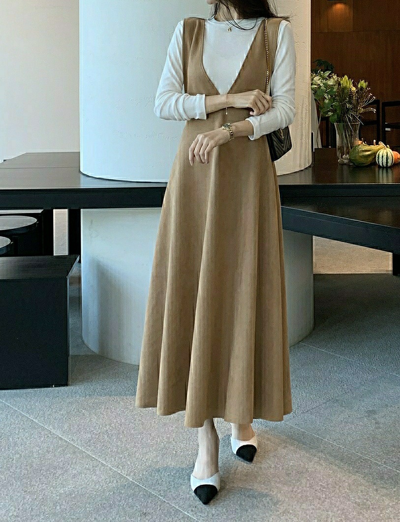 長袖Tシャツ&スエード調VネックノースリワンピースSET | 詳細画像7
