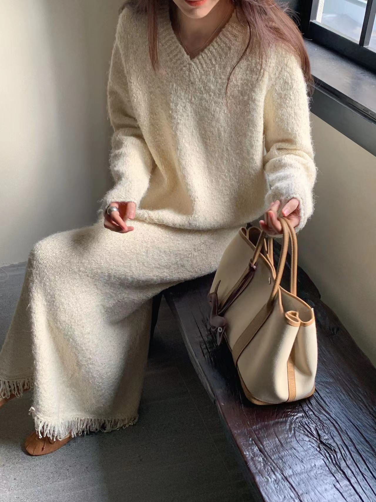 ストラップ付ウール混フリンジVネックニット&スカートSET | 詳細画像5