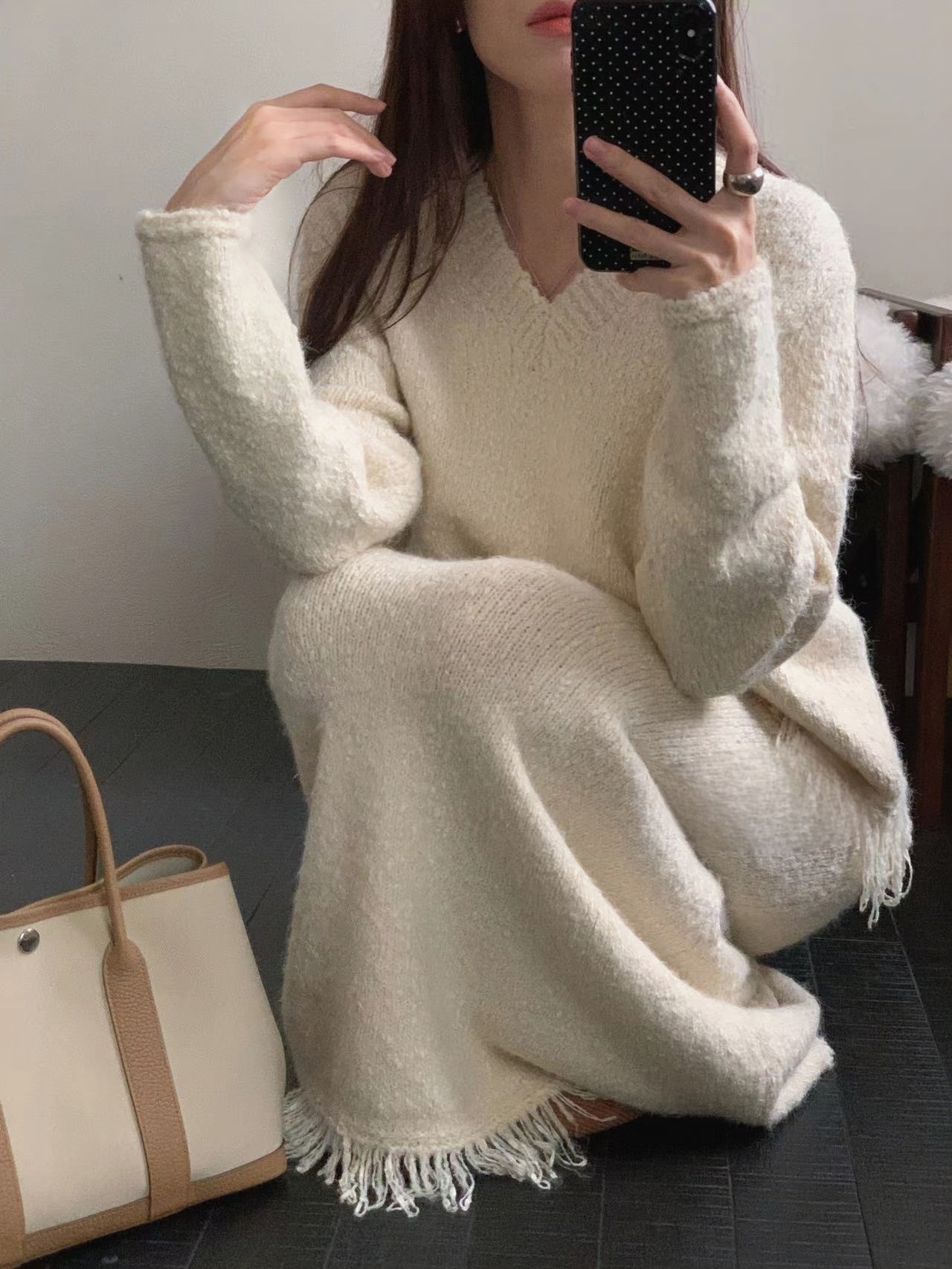 ストラップ付ウール混フリンジVネックニット&スカートSET | 詳細画像9