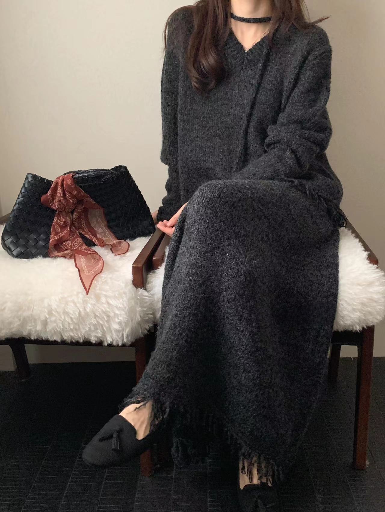 ストラップ付ウール混フリンジVネックニット&スカートSET | 詳細画像14