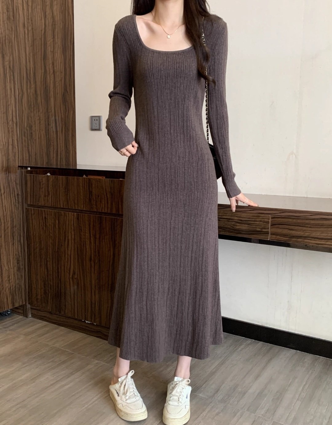 スクエアネックリブAラインニットワンピース | レディースファッション